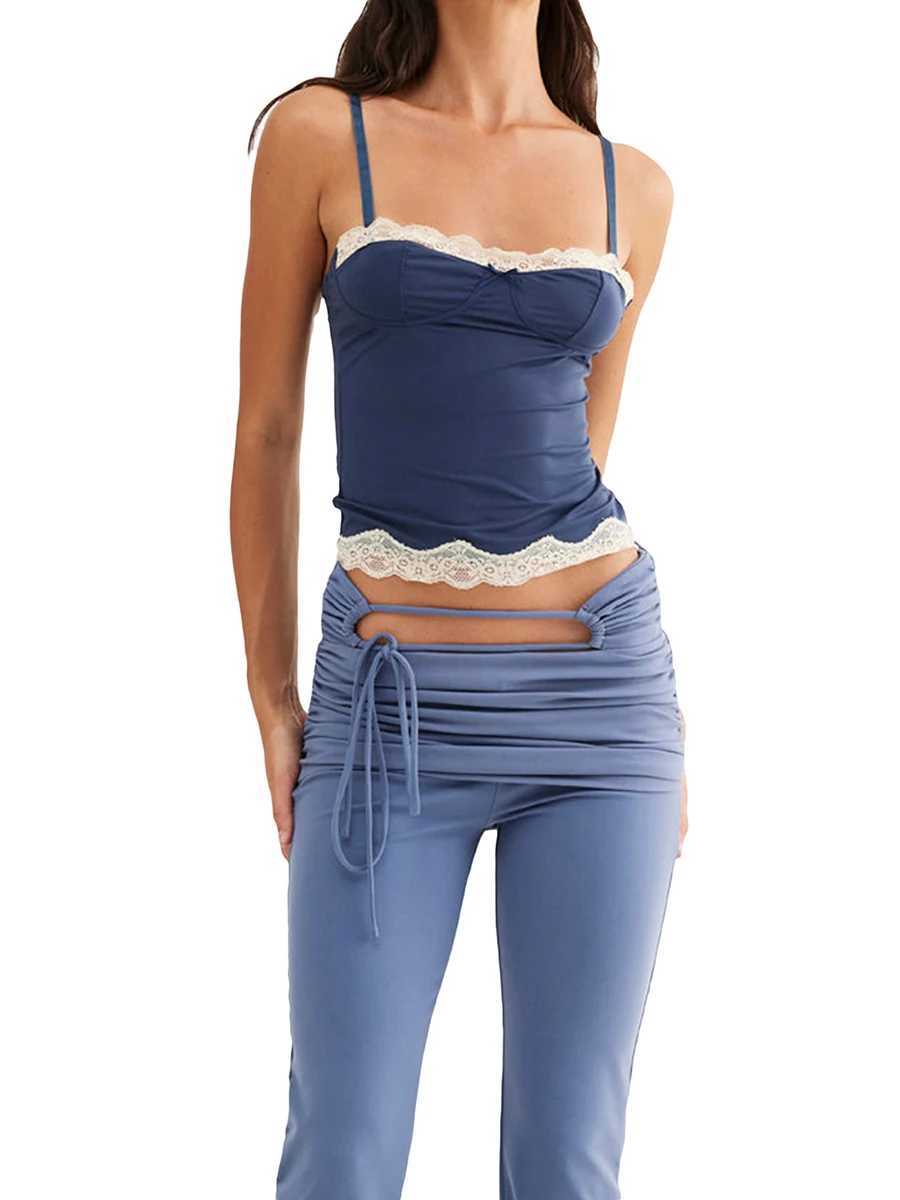 2024 New Fashion Womens Summer Cami Tops Sleeveless Square Neck Bow Front Lace Patchwork CamisoleXJ250508