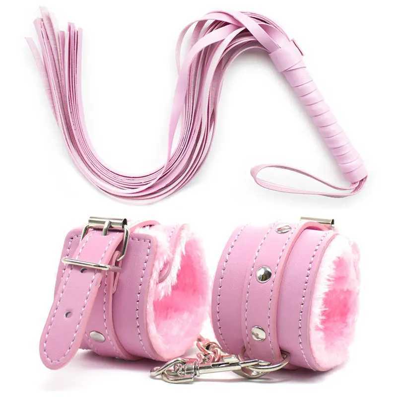 Pink Black Red BDSM Sexy Bondage Handcuffs Ankle Cuffs Adjustable With Whip Adult Game Erotic Sex Toy for Women Couples W250509