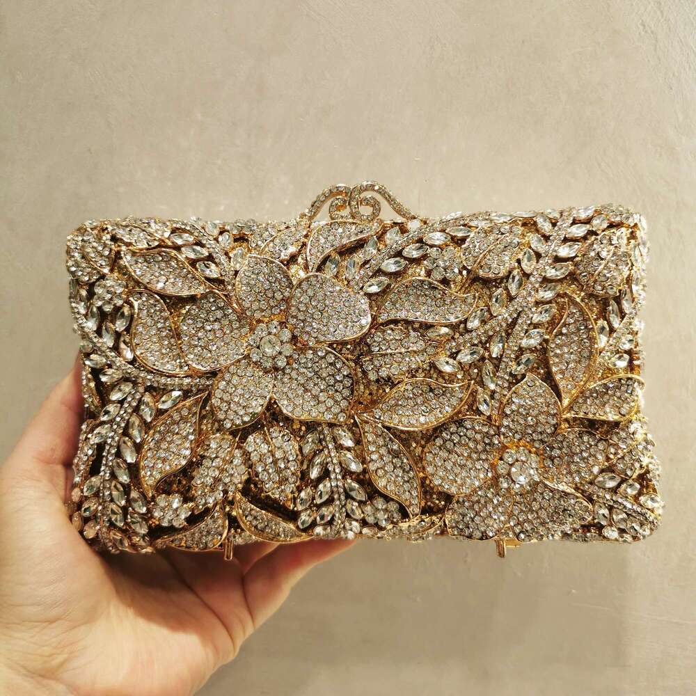 Flower Pattern Sier Gold Woman Dia Evening Bag Dinner Party Crystal Floral Handbag Wedding Bridal Rhinestone New Purse