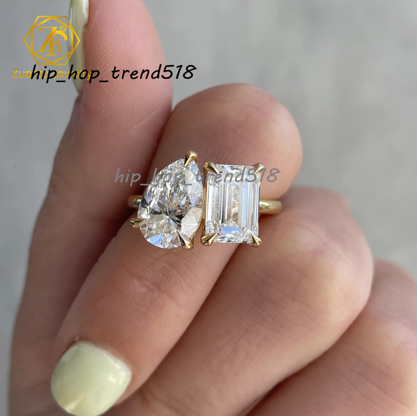 2-Stone Moissanite Wedding Ring Pear Emerald Cut 5ct Real 14k Yellow Gold Trendy Gemstone Rings Engagement Gift Party