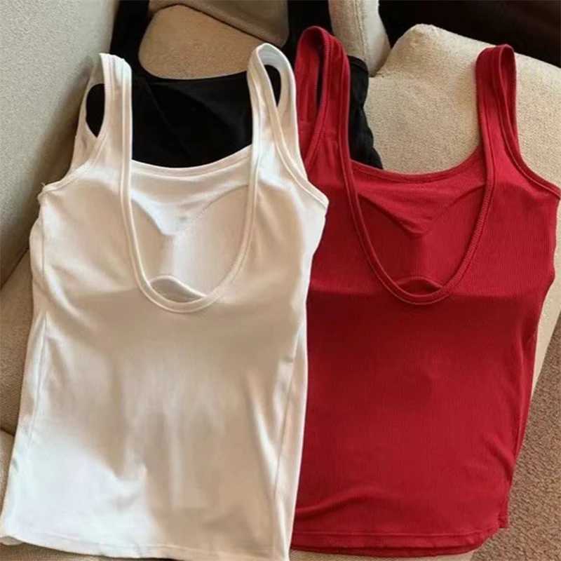 2025 New Women Vest Camisole Fashion Korean Sexy Backless V-shaped Versatile Solid Color Senior Tank Top Sling With Built In BraXJ250508