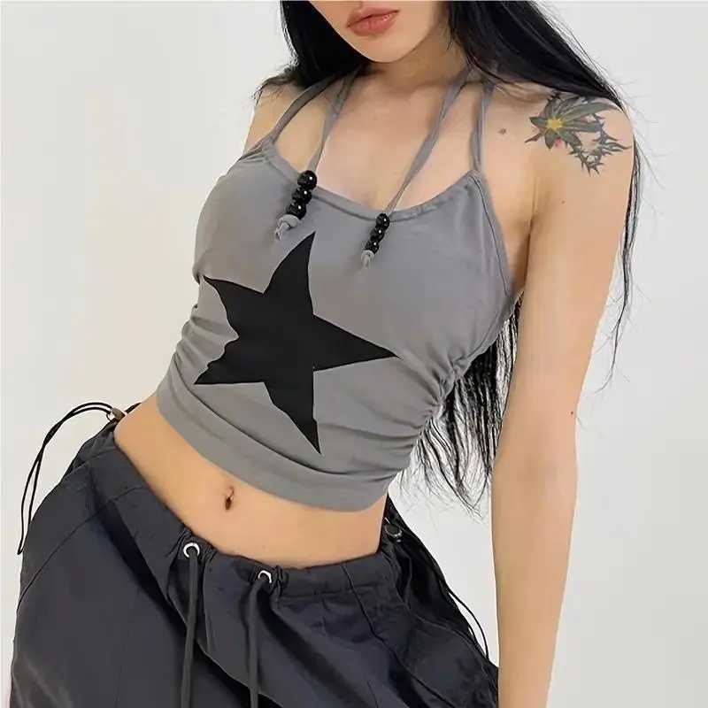 Summer Camisole Slim Vest Sexy Women Sleeveless Crop Top Star Graphic Short Wrinkle Tank Tops Y2K Sleeveless Cool Streetwear NewXJ250508