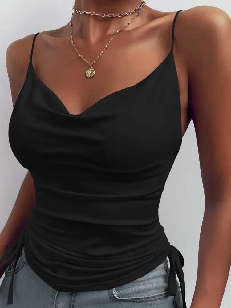 Womens Solid Tank Top V Neck Camisole Cami Drawstring Spaghetti Strap Top Sleeveless Blouse Tank Shirt New Summer Crop TopXJ250508