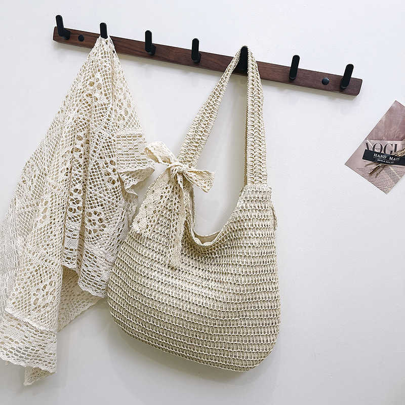 Summer fashion trend beach shoulder bag woven hand-held tote bag woven vegetable basket silk scarf bow women's bag