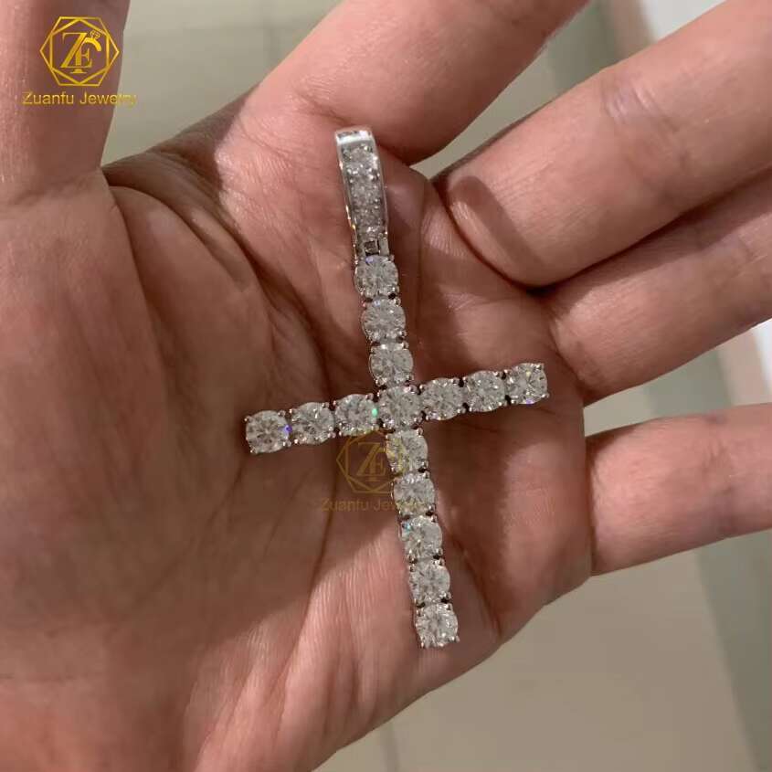 Custom Jewelry White Gold Plated 925 Sterling Silver DEF VS 5MM Lab Grown HPHT Diamond Cross Pendant for Necklace