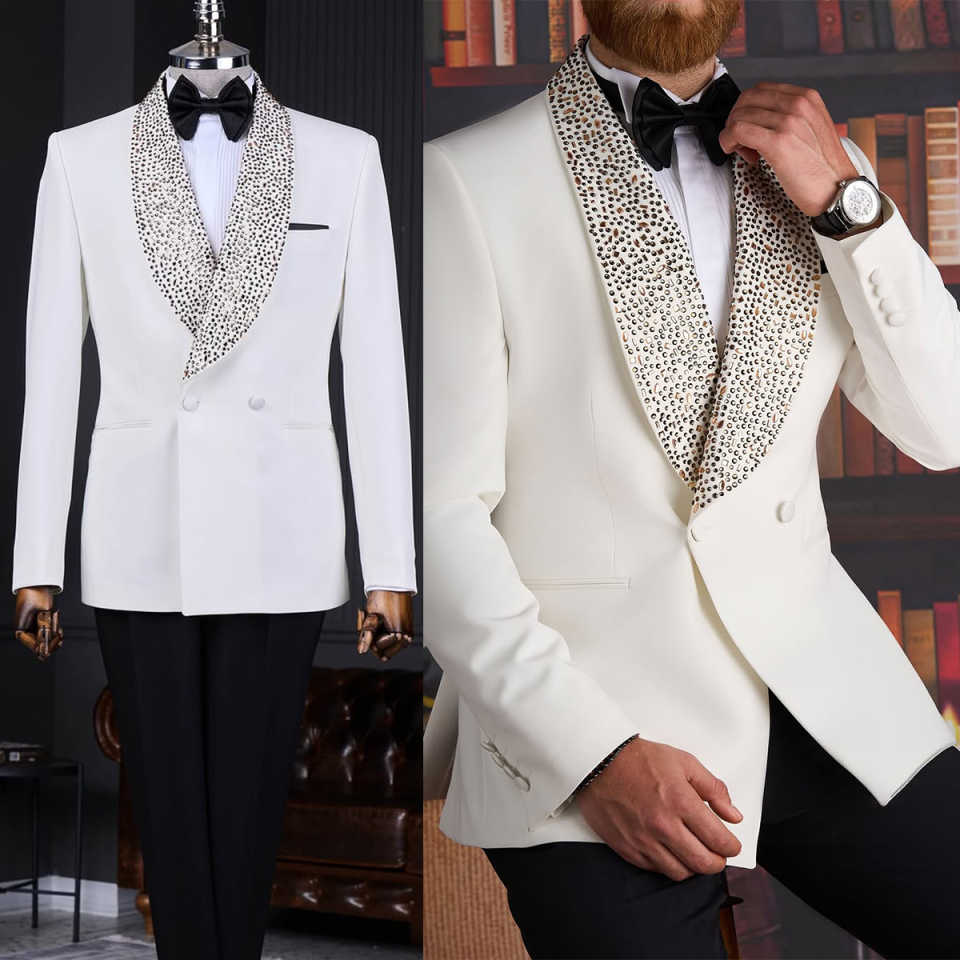 Luxury White Men Wedding Suits Peaked Lapel With Beaded Placket Ribbon Tuxedos Groom Party 2 Pieces Blazer Pants Customized Suit(Coat+Pants)