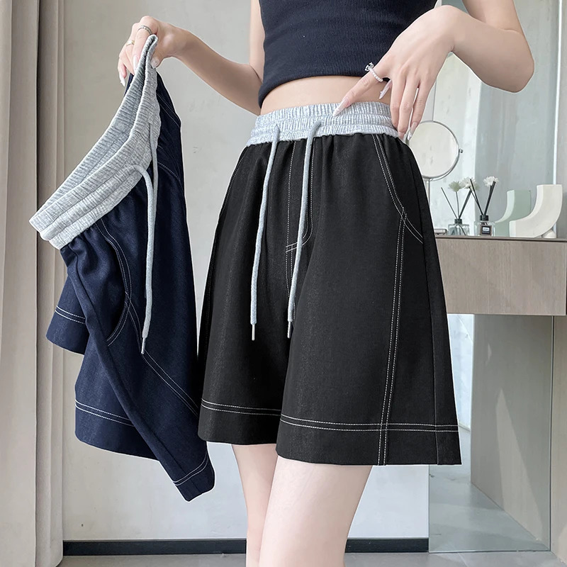 Summer Vintage IckSilk Patchwork Womens Wide Leg Shorts 2025 High Waist Korean Laceup Casual Loose Short Pants Female 250506Z
