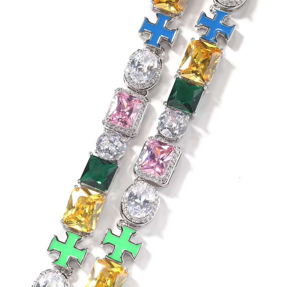 Hip Hop 10mm Templar Multicolored Diamonds Enamel Cross Trendy Bracelet Necklace Set Mixed Gemstone Cluster Pearl Exquisite