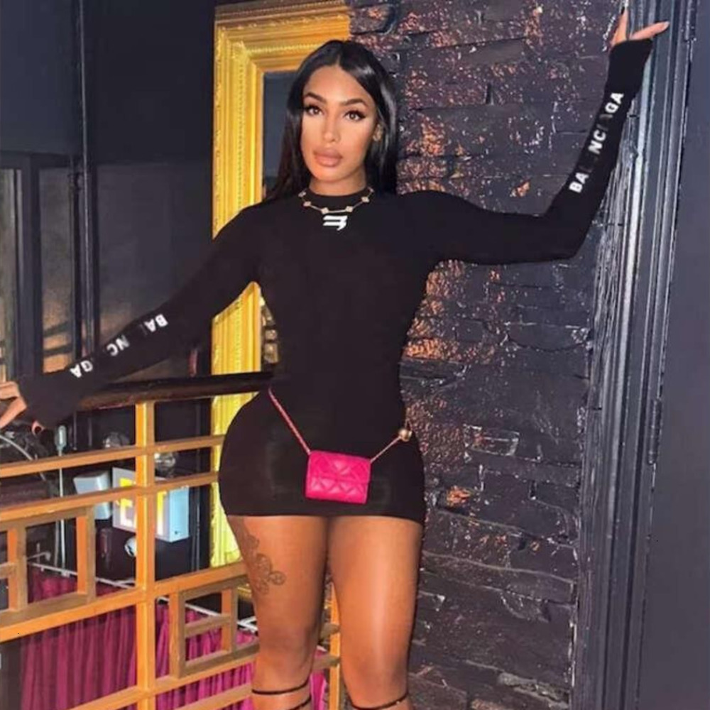 2025 Summer Designer Womens Dresses Letter Printed Long Sleeve Slim Fit Wrap Hip Black Dress