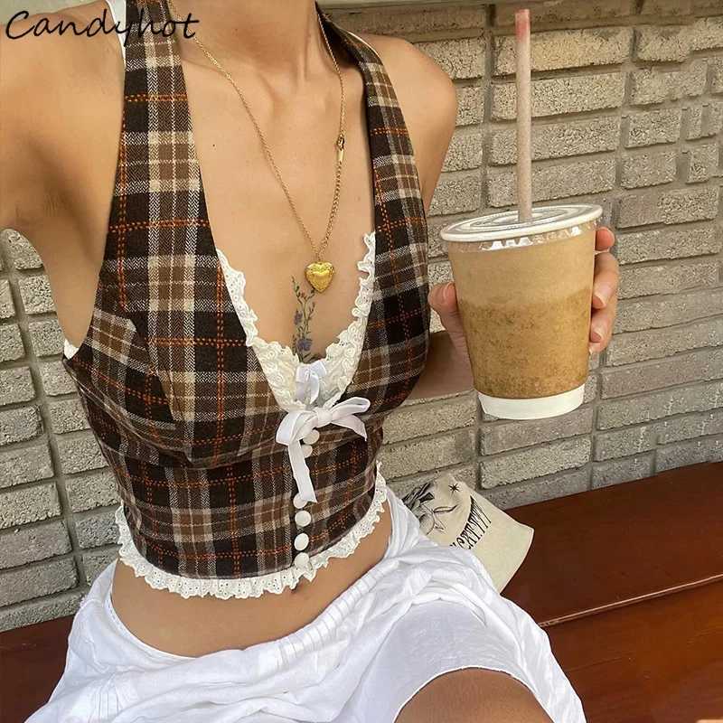 Candyhot Plaid vintage lace French style camisole crop top retro backless sleeveless V-neck ultra-thin top casual streetwear vestXJ250508