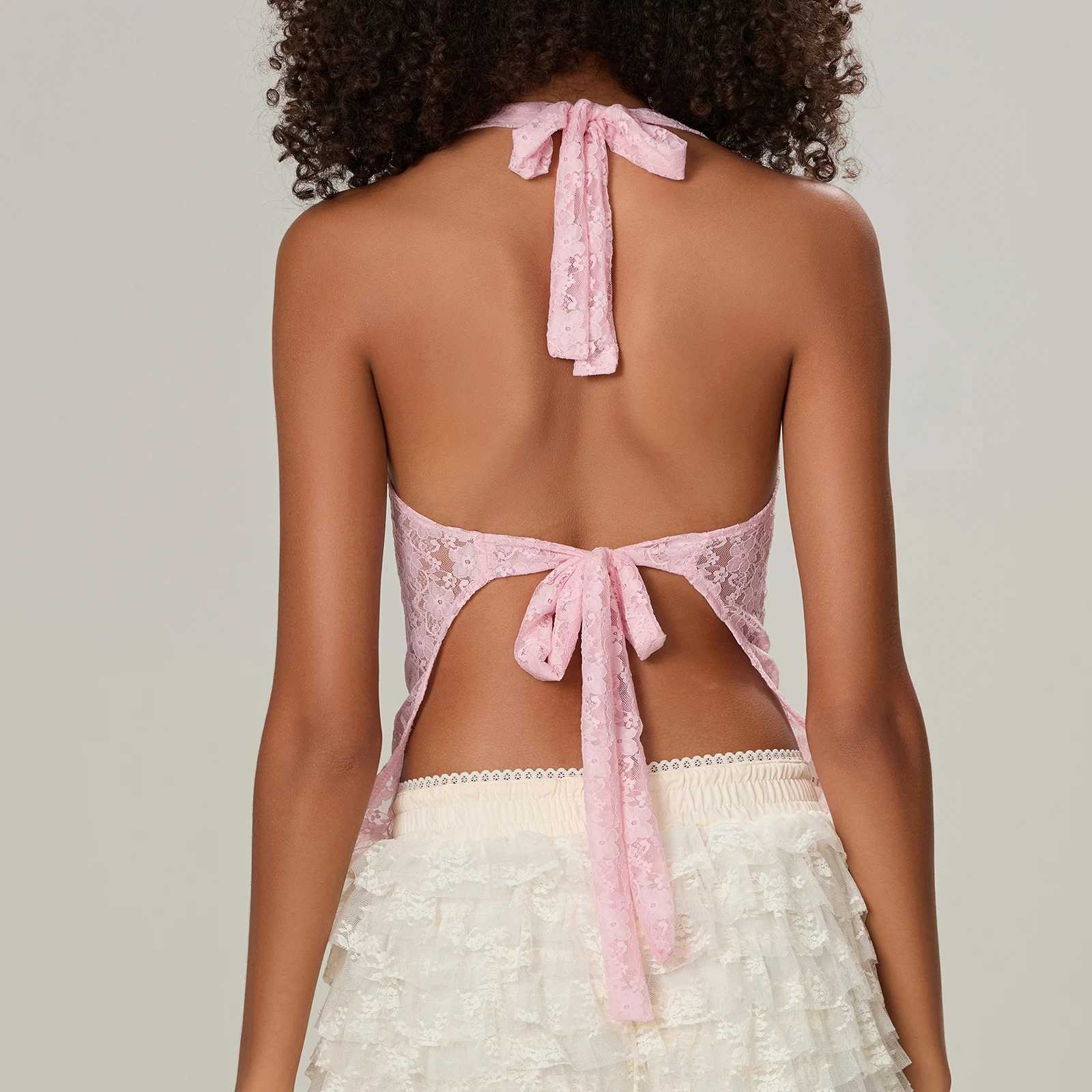 Women Y2k Aesthetic Sleeveless Lace Camisole Tie-Up Halter Neck Tank Tops Summer Vintage Backless Lace Crop Tops Going Out TopsXJ250508