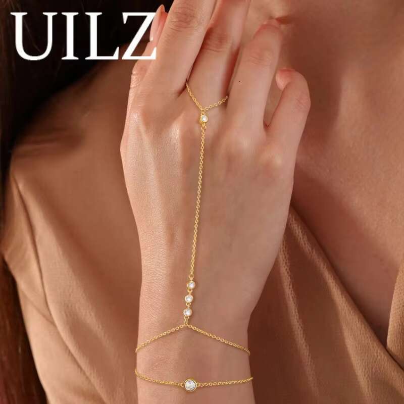 DHCollections Fashion Pearl Zircon Chain Bracelet with Finger Ring Adjustable 17.5cm Slave Hand Jewellery for Women