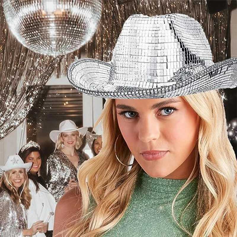 Disco Ball Mirror Hat Fashion Sequins Party Hat Adult Cowboy Cap for Music Festival Stage Dancing Hat Nightclub HeadgearXJ250509