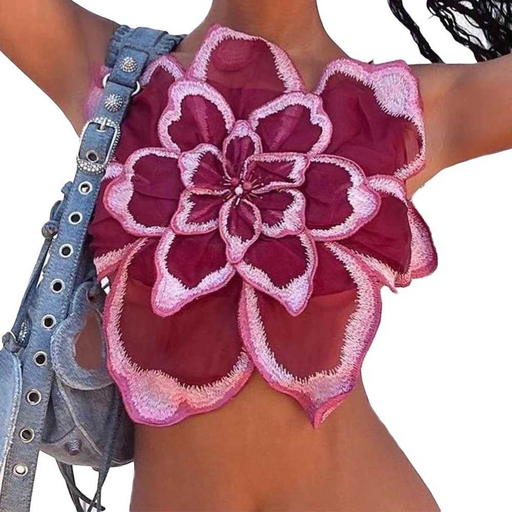 Womens Aesthetic 3D Flower Spaghetti Strap Crop Cami Summer Sleeveless Backless Camisoles Y2k Going Out Party Shirt StreetwearXJ250508