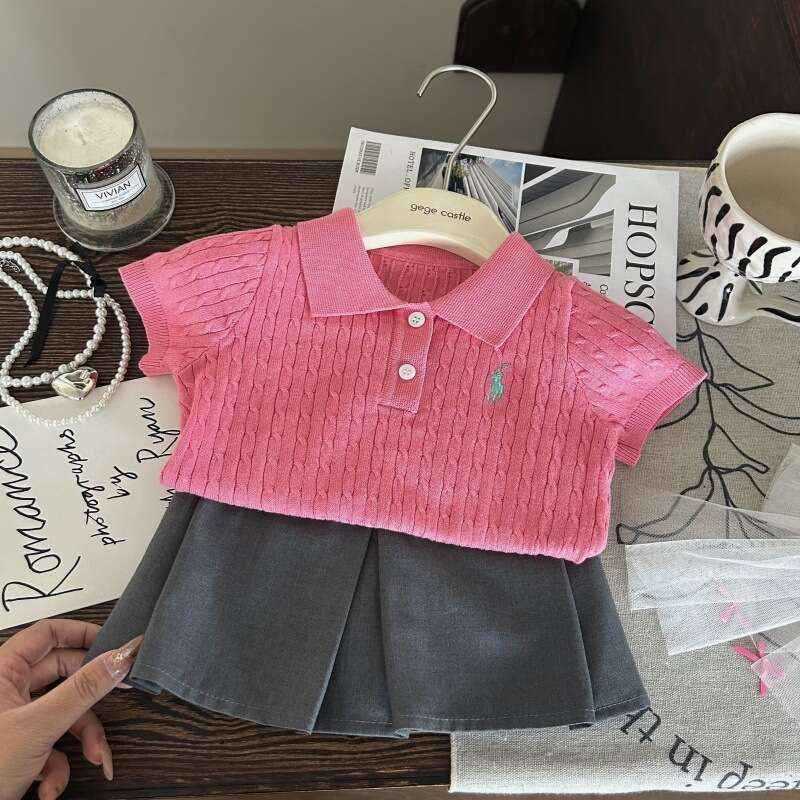 Korean Clothing 2025 New Summer Girls' Polo Shirt Twisted Flower Short Sleeved Children's Versatile Gray Skirt Pants Two-Piece Set