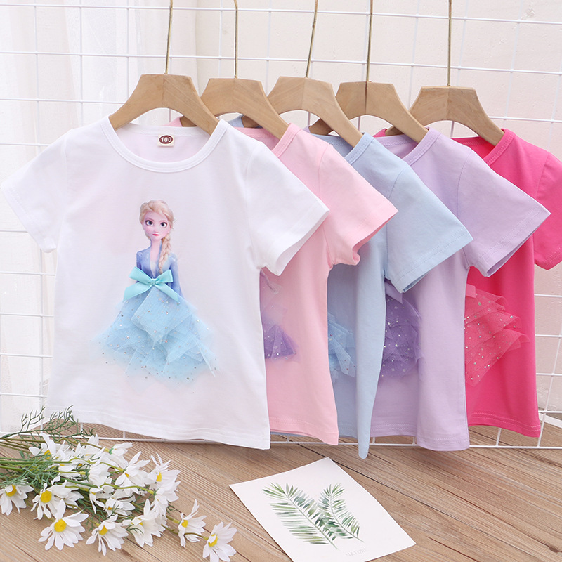 DISNEY Frozen Princess Elsa kids designer clothes toddler designer clothes Children's summer girl short-sleeved T-shirt Comfortable fabric.