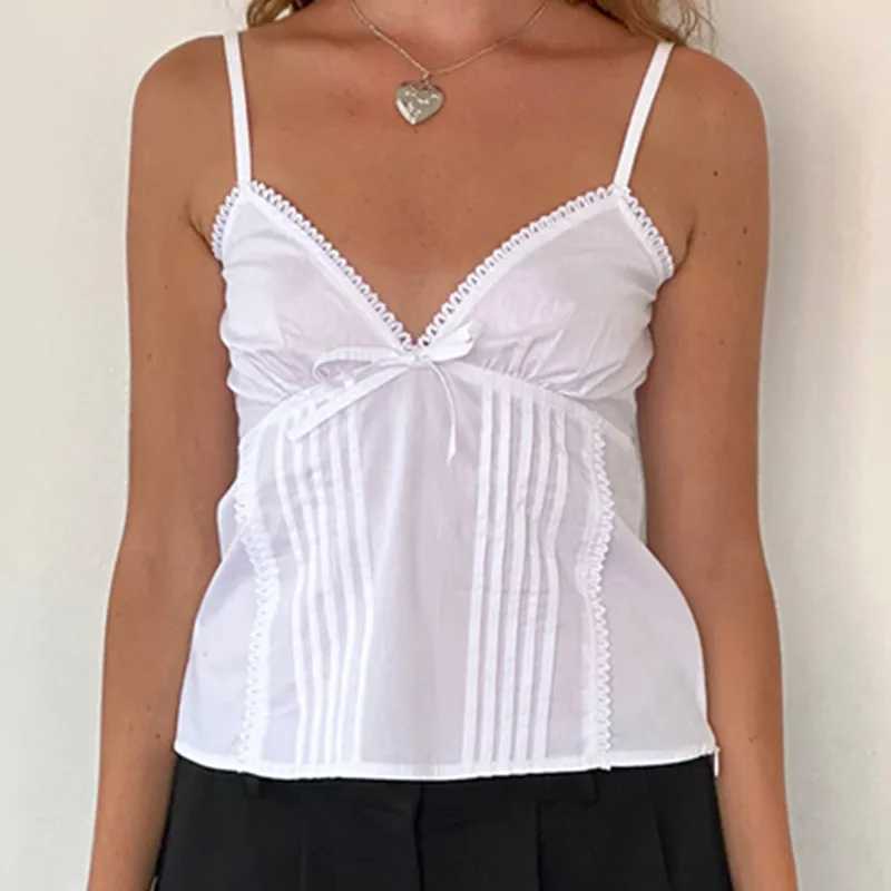 Summer womens plain weave vest fashion bow vest Harajuku streetwear Y2K womens casual sleeveless V-neck vestXJ250508