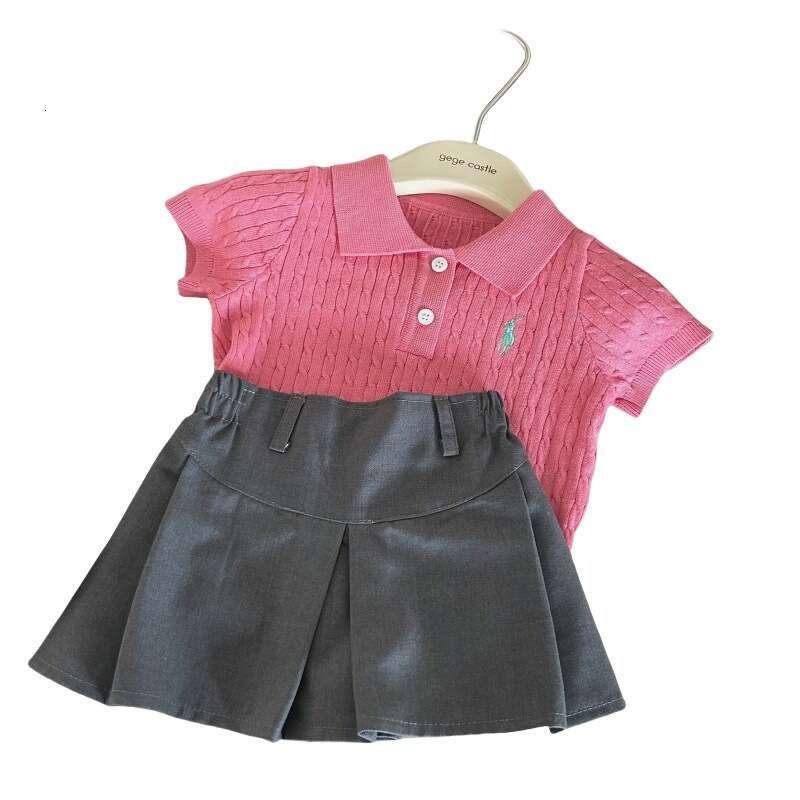 Korean Clothing 2025 New Summer Girls' Polo Shirt Twisted Flower Short Sleeved Children's Versatile Gray Skirt Pants Two-Piece Set