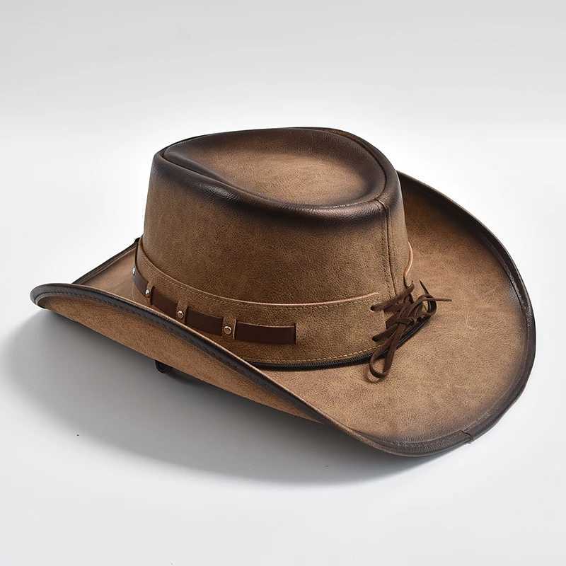 New 100% Leather Western Cowboy Hat Men Wide Brim Gentleman Church Jazz Cap Cowgirl Hats Mens HatXJ250509
