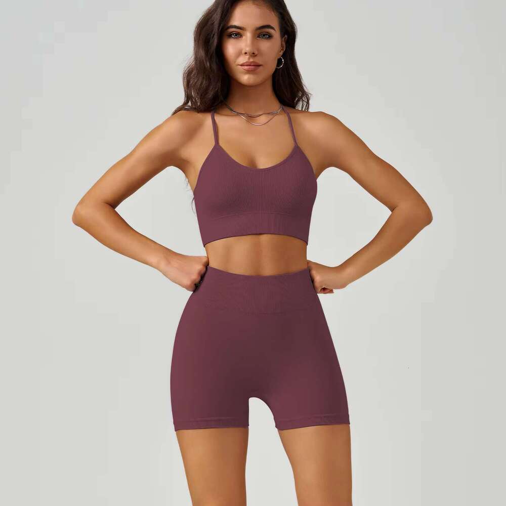 DHessentials Logo Fitness Clothing 2-pcs Women's Sports Seamless Yoga Bra Shorts Gym Set