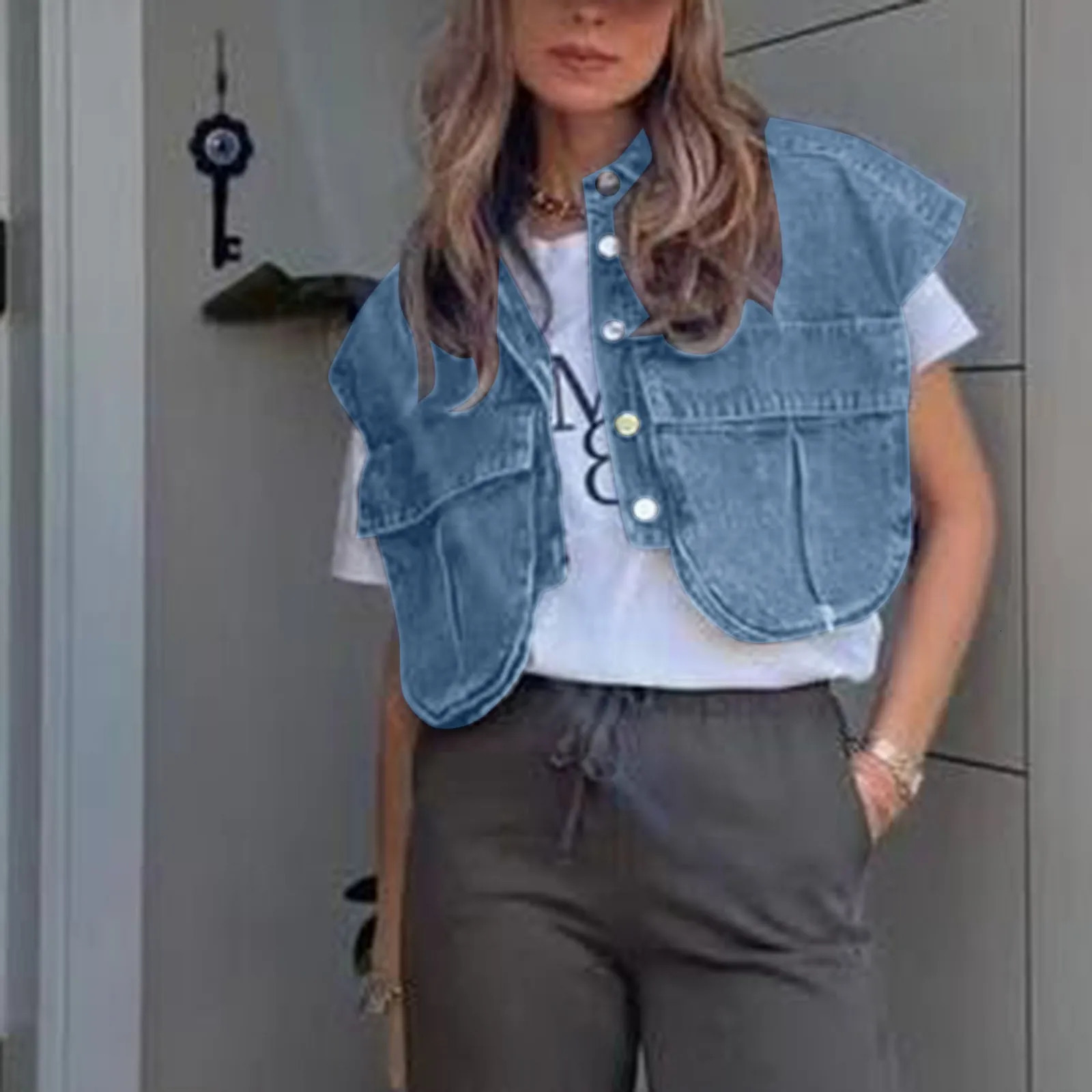 Womens casual denim vest with oversized buttons asymmetrical hem sleeveless jacket cropped pockets 250430Z