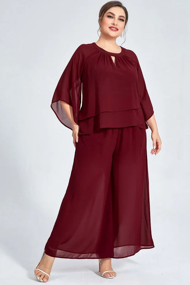 Womens plus size formal Burgundy chiffon pleated sleeve cut wide leg twopiece pants set casual office womens matching y250427