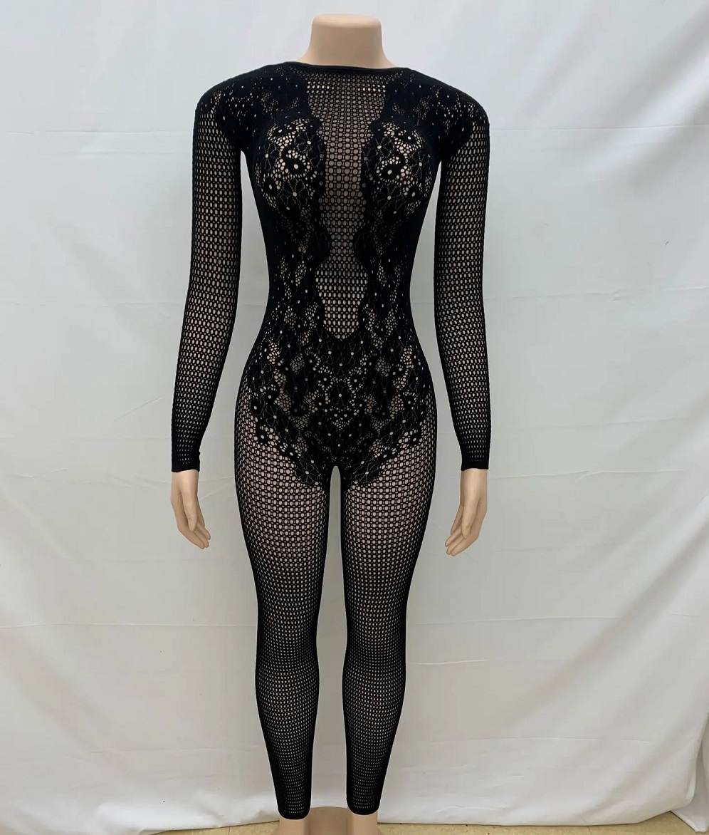 Lace Patchwork See Through Black Jumpsuit Women Sexy Long Sleeve Backless Skinny One Piece Rompers 2025 Midnight Clubwear
