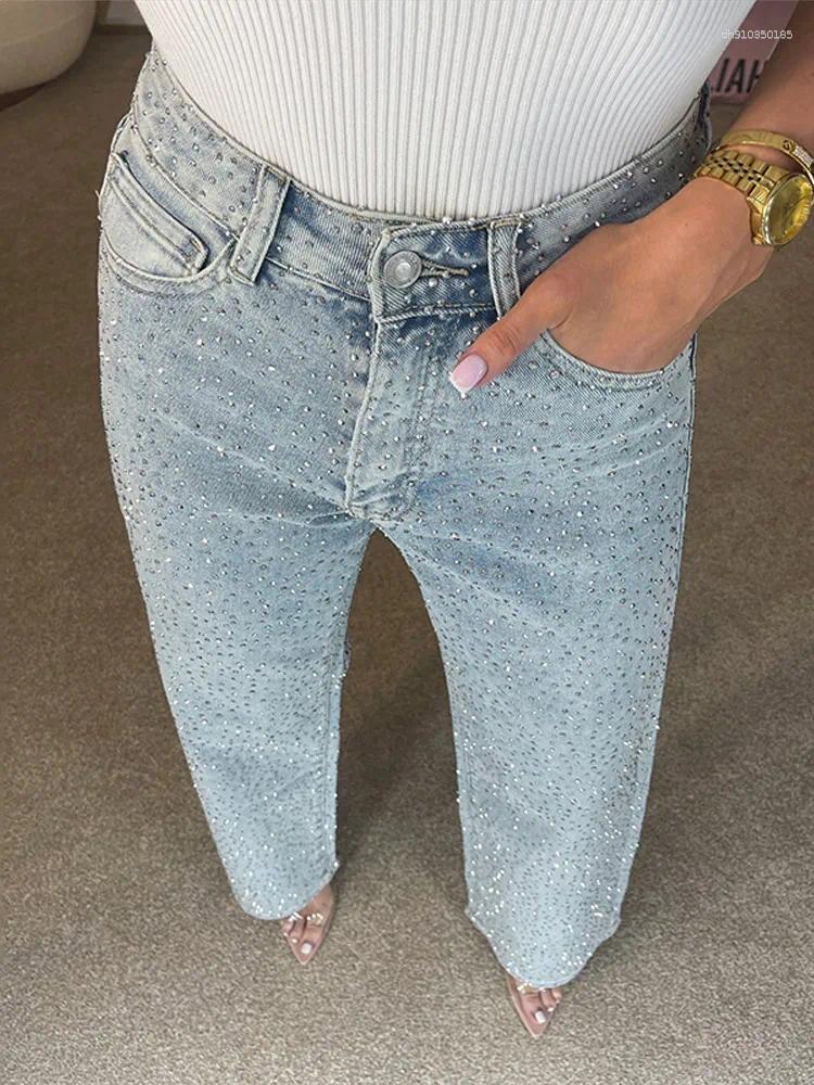Womens Jeans Y2k Women Shiny Rhinestone Denim Pants Wide Leg Straight Full Diamond For Female Dragging High Street Outwear Trousers