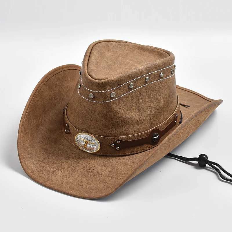 New 100% Leather Western Cowboy Hat Men Wide Brim Gentleman Church Jazz Cap Cowgirl Hats Mens HatXJ250509