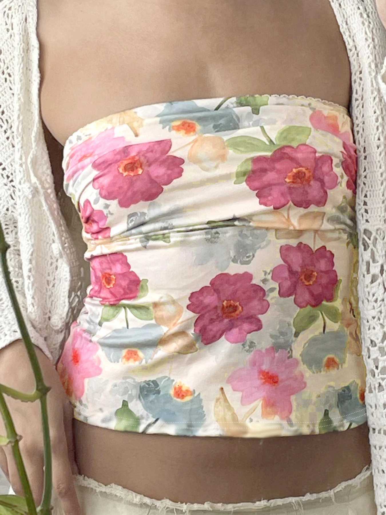 Cuteandpsycho Floral Print Y2K Tube Tops Sexy Summer Backless Womens Bustiers Chic Harajuku Korean Slim Crop Camisole 2000sXJ250508