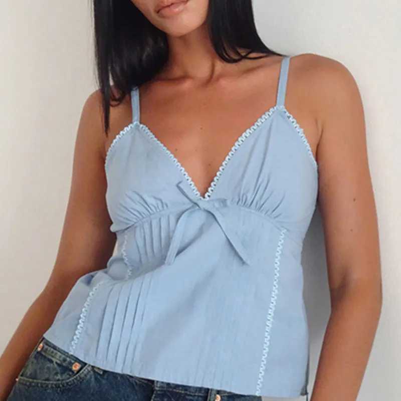Summer womens plain weave vest fashion bow vest Harajuku streetwear Y2K womens casual sleeveless V-neck vestXJ250508