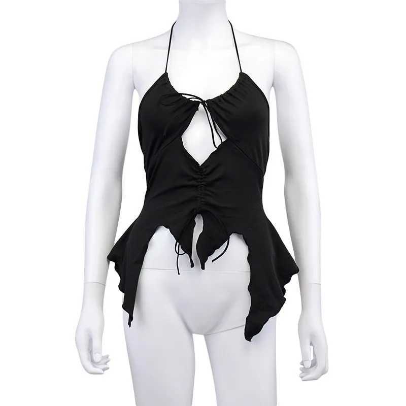 Gothic 21 Style Sexy Vintage Strappy Y2K Halter Crop Top Women Summer Backless Cami Ruffles Fashion Solid color Camisole PartyXJ250508