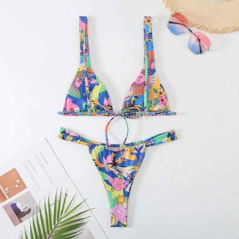 Women's Swimwear Of The Season Sexy Floral Pattern Bikini Set Separate Strap Design Fashionable Home Straight Hair Style