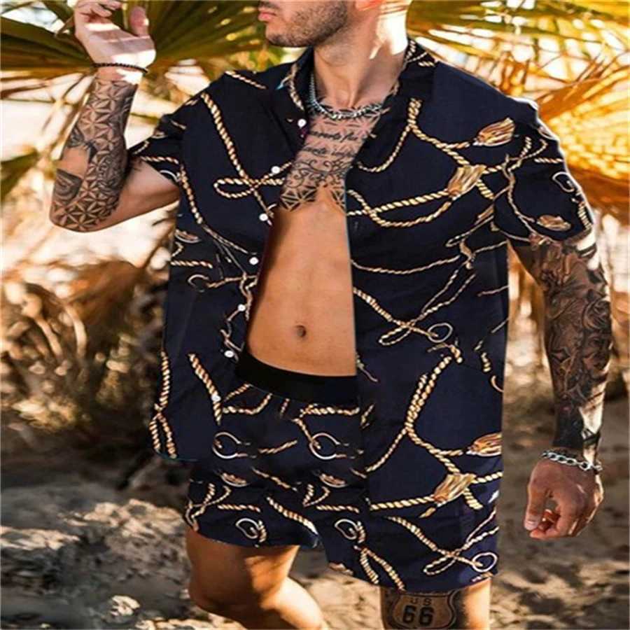 Mens Shirt Sets Men 3D Fashion Shirts+Shorts Two Piece Sets Hawaii Shirts European Luxury Shirts Suits Beach Outfit MaleXJ250509