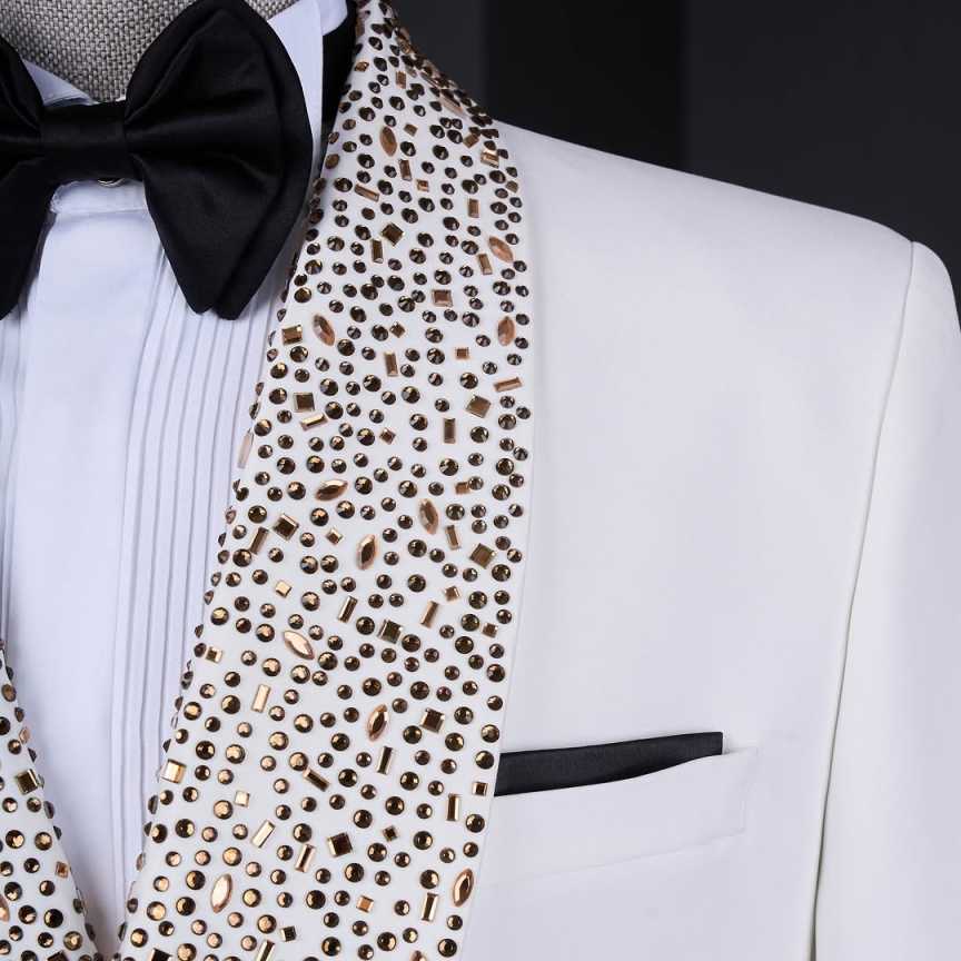 Luxury White Men Wedding Suits Peaked Lapel With Beaded Placket Ribbon Tuxedos Groom Party 2 Pieces Blazer Pants Customized Suit(Coat+Pants)