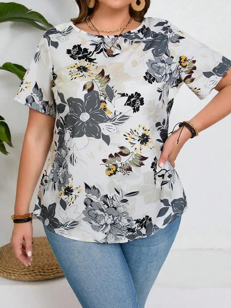 2024 SpringSummer Womens Plus Size Fashionable Printed Round Neck Tshirt 250430