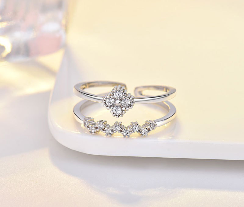 Free shipping Sweet clover designer ring for women girls s sier ic simple double row dia sparkling crystal band rings jewelry Free shipping