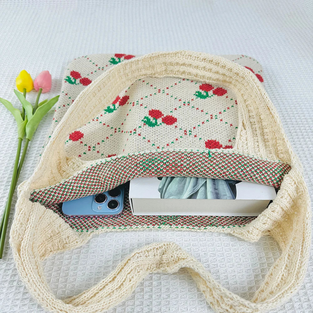 Fashion Cherry Knitted Shoulder Bag for Women Lafayette Bohemian Handbag Large Travel Shopping Strap Crochet Hook 250428