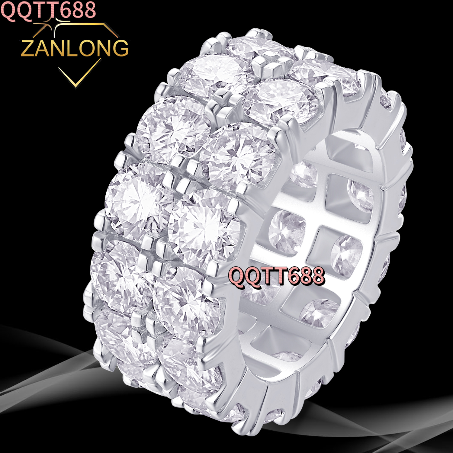 Zanlong 13840 5mm Moissanite 2 Rows Men Women Fine Jewelry Iced Out 925 Sterling Silver VVS Moissanite Luxury Eternity Ring