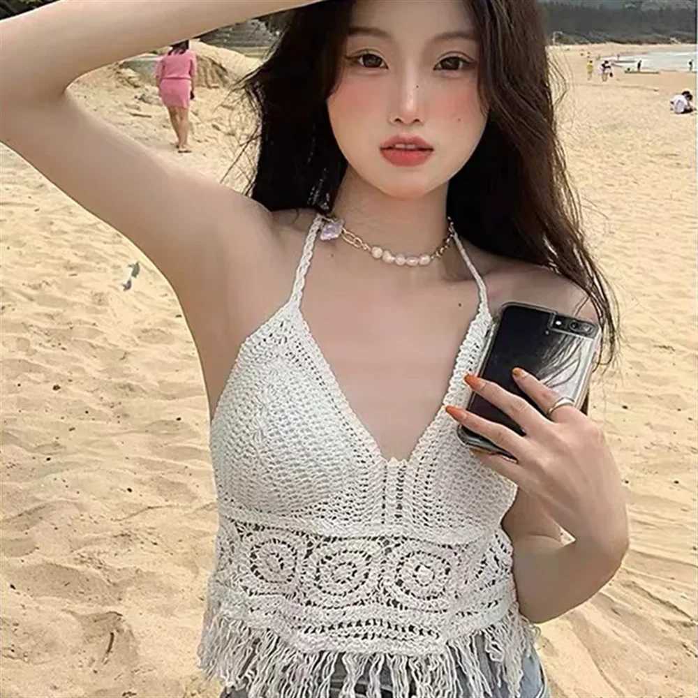 Sexy Bohemian Beach Holiday Vest Strap Womens Crochet Knitted Swimsuit Backless Vest Hollow Tassel Vest Womens TopXJ250508