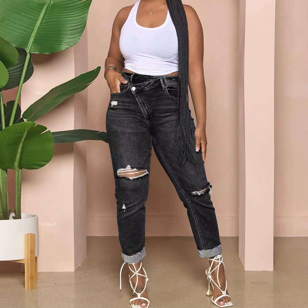 DHEssentials Plus Size Women Casual Distressed Stretch Jeans Cutout Jean Joggers High Waisted Ripped Stretchy Denim Pants
