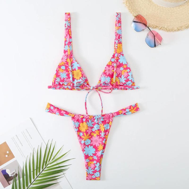 Women's Swimwear Of The Season Sexy Floral Pattern Bikini Set Separate Strap Design Fashionable Home Straight Hair Style