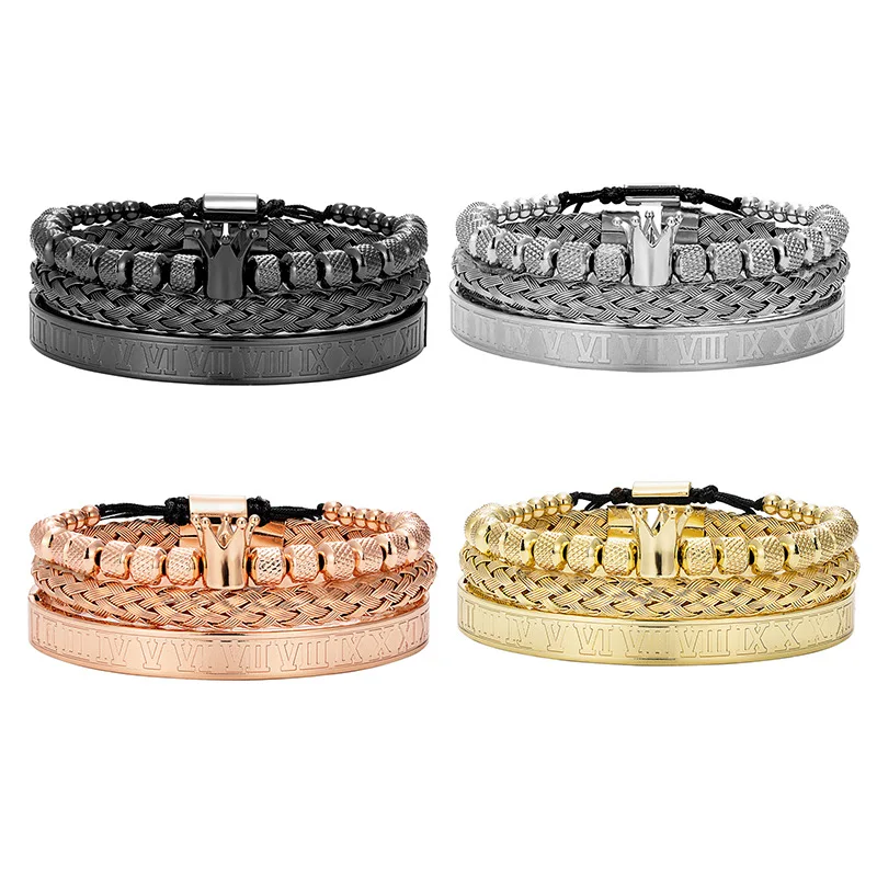 3Pcs Vintage Diamond-free Crown Woven Bracelet with Roman Letter Stainless Steel Mesh Opening Hand Chain