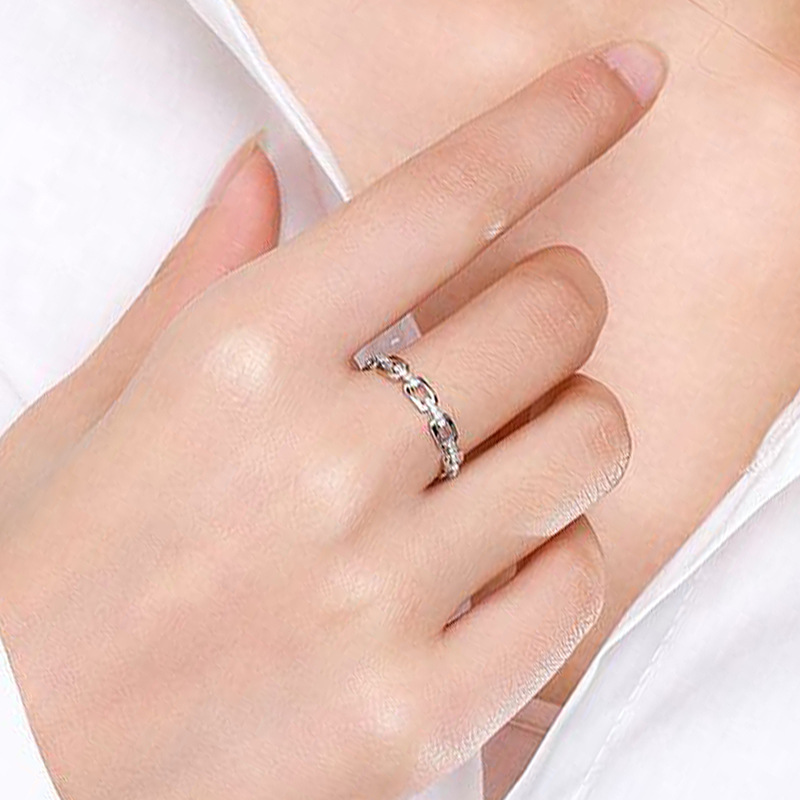 925 Sterling Silver Hollow Geometric Ring with Diamonds, Non-Tarnish, Chain Design, Trendy Women's Jewelry - European & Instagram Style