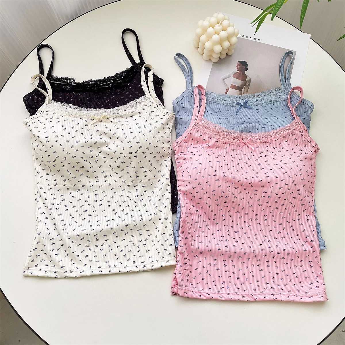 Lace Flower Print Camis Tank Tops One Size Sweet Floral Tops Elegant Slim Short Tank Tops Sexy Vest Y2K Camisole Women ClothesXJ250508