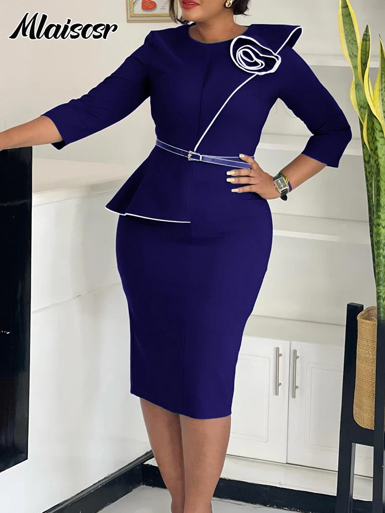 Mlaiscr Fashion African Medium Belt Womens 3D Flower 34 Sleeve ONeck Party Evening Office Women Bodycon Vestidos 250427