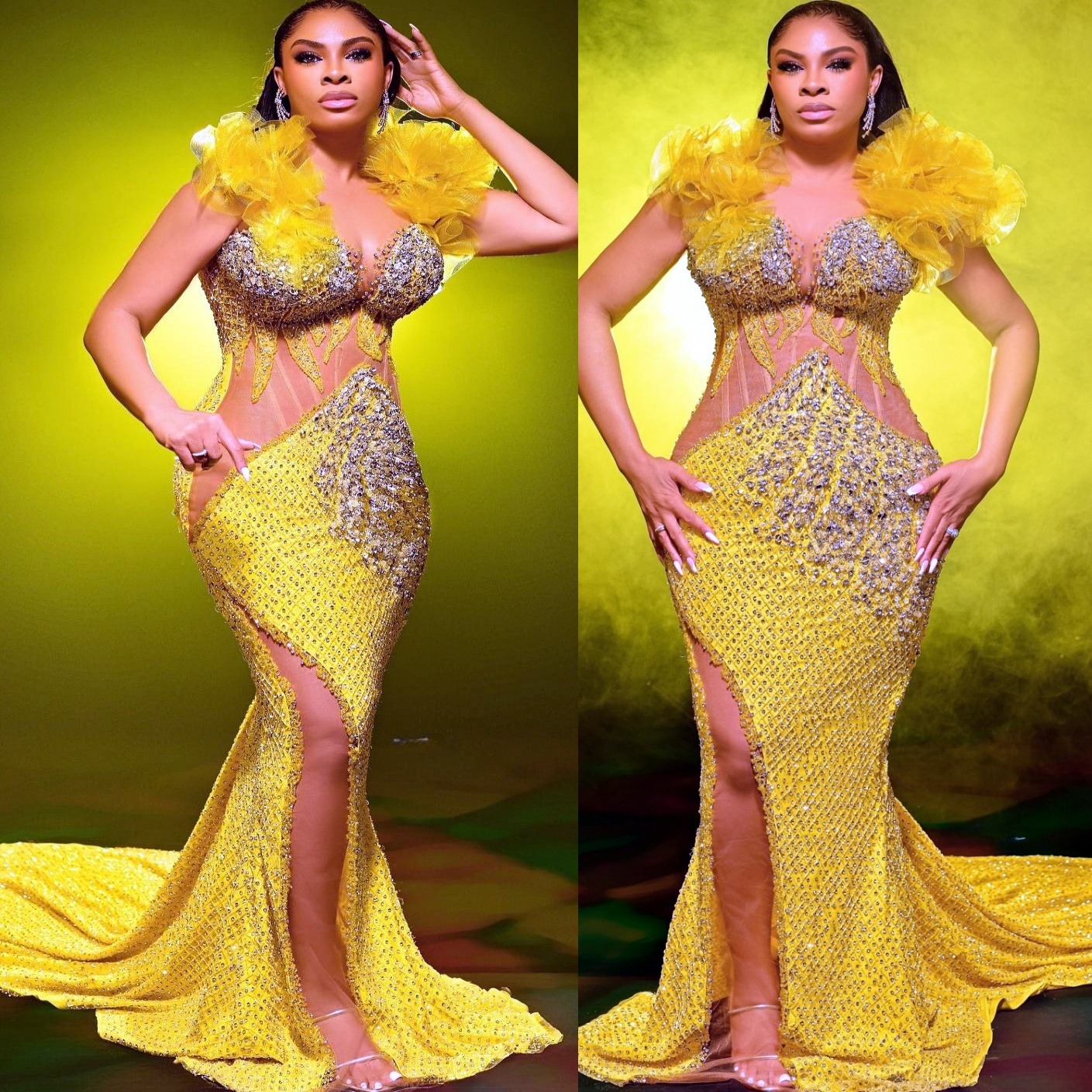 Yellow Mermaid Plus Size Prom Dresses 2025 Crystals Illusion Sequined Evening Formal Party Second Birthday Engagement Gowns Dress For Special Occasion