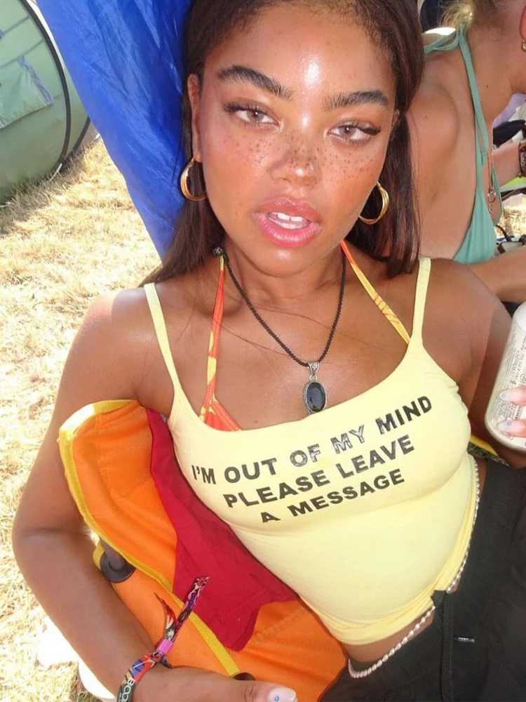Sexy Corset Punk Grunge Yellow Camisole Top Aesthetic Streetwear Womens Print Crop Top Y2k Clothes Emo Girl Sleeveless Tank TopXJ250508