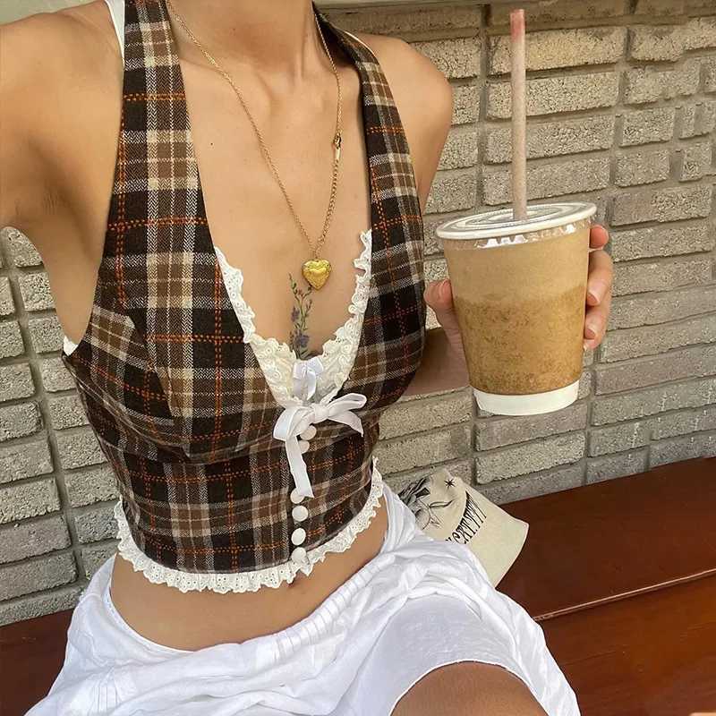 Candyhot Plaid vintage lace French style camisole crop top retro backless sleeveless V-neck ultra-thin top casual streetwear vestXJ250508