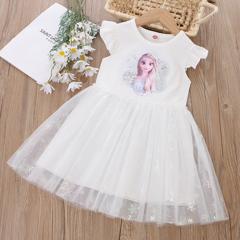 DISNEY Frozen Princess Elsa kids designer clothes toddler designer clothes Summer children clothes girl dress with flying sleeves and sequins cartoon 